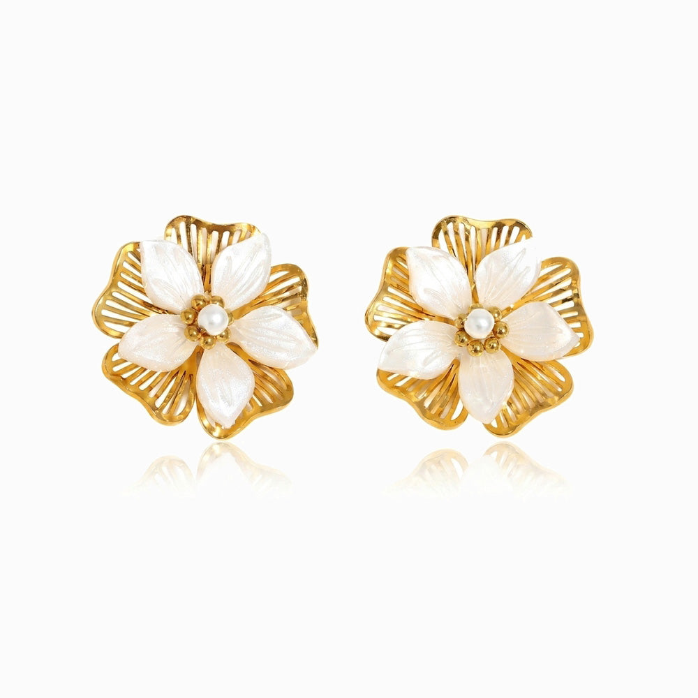 Brincos Flor em Aço Inoxidável e Madrepérola 24x24mm