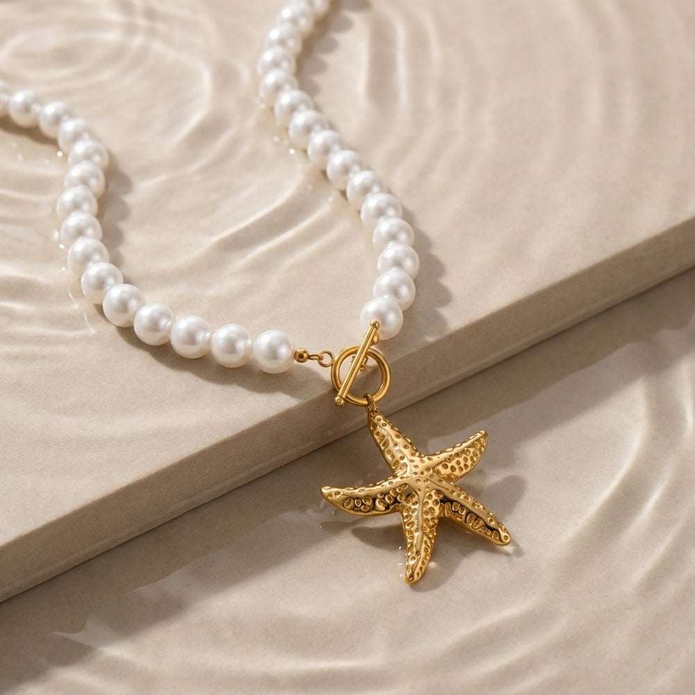 Colar Estrela do Mar em Pérola Sintética e Aço Inoxidável