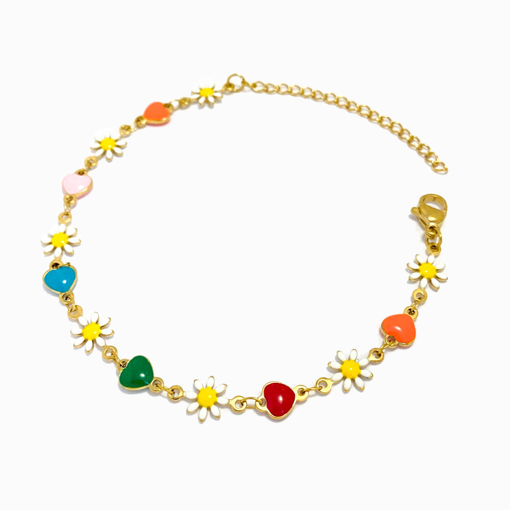 Pulseira com Margaridas e Corações em Aço Inoxidável