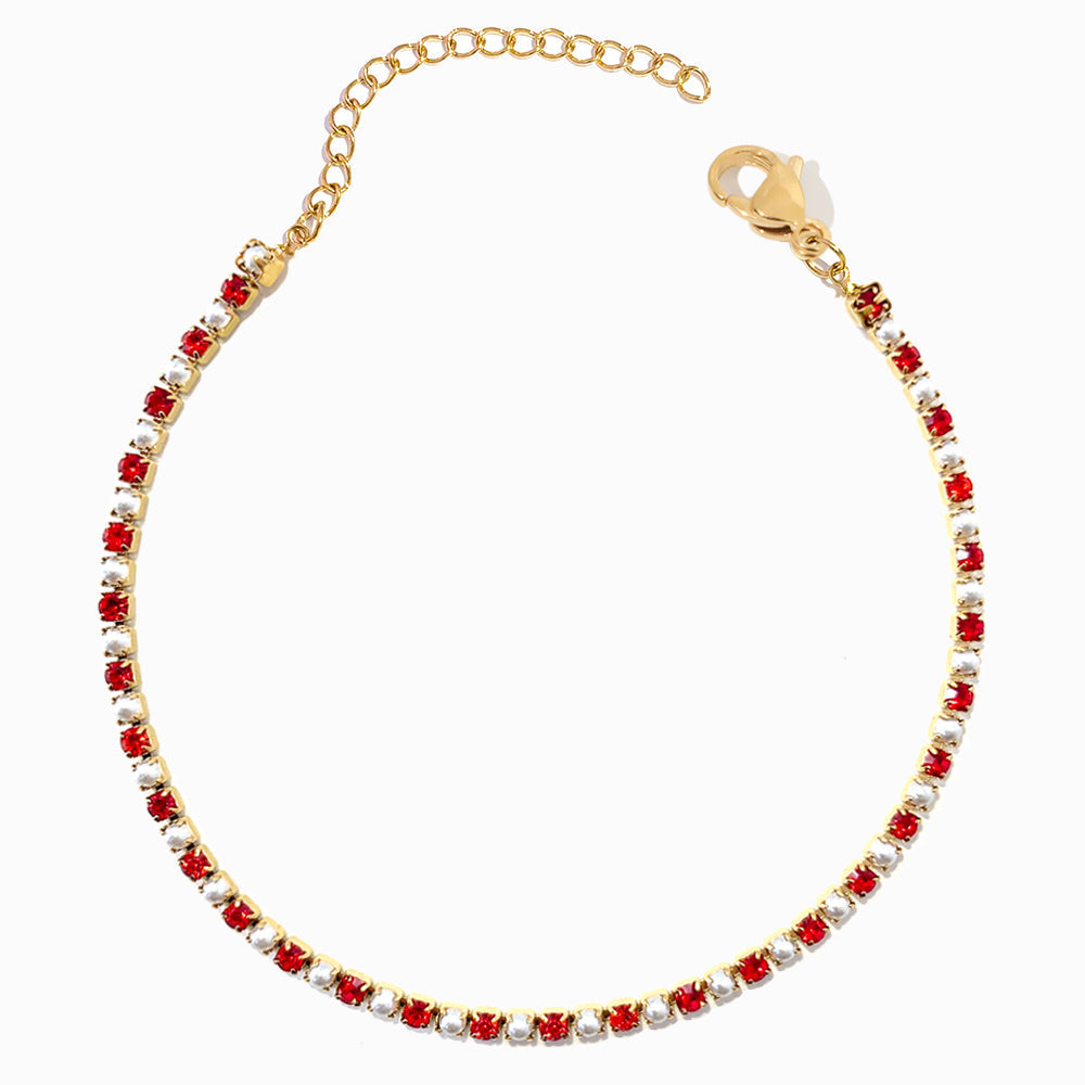 Pulseira com Brilhantes Vermelhos e Pérolas em Aço Inoxidável