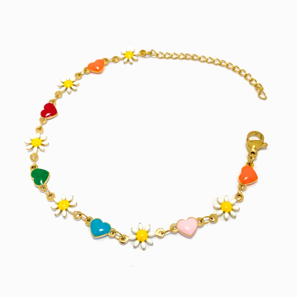 Pulseira com Margaridas e Corações em Aço Inoxidável
