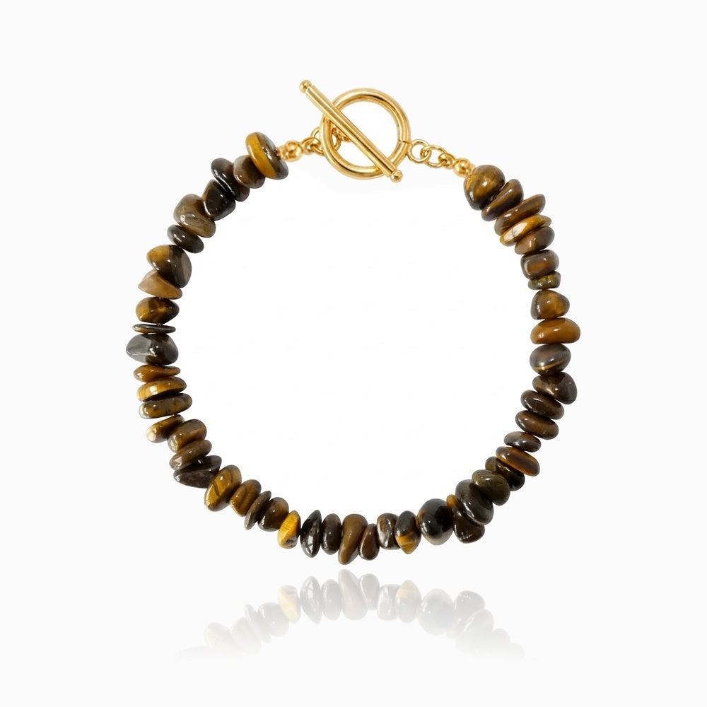Pulseira de Cascalho Olho de Tigre em Pedra Natural e Aço Inoxidável
