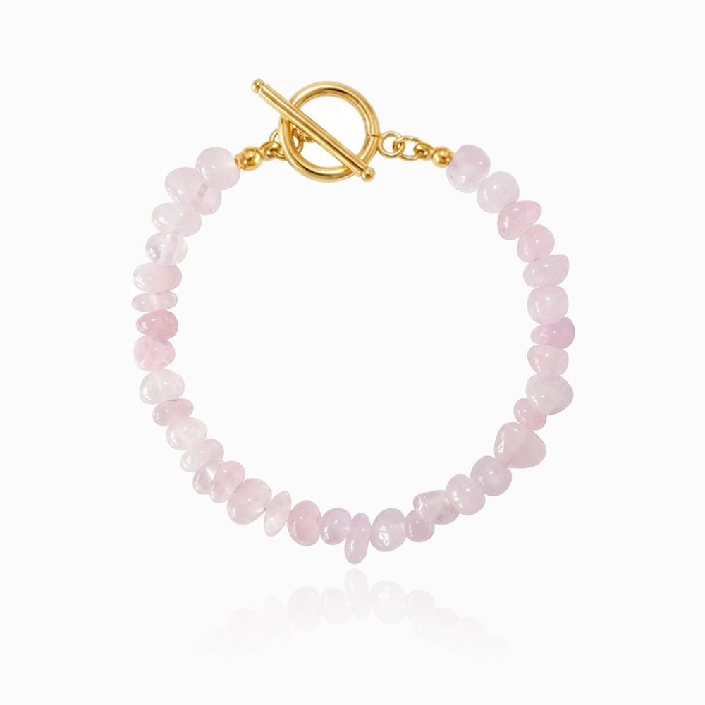 Pulseira de Cascalho Quartzo Rosa em Pedra Natural e Aço Inoxidável