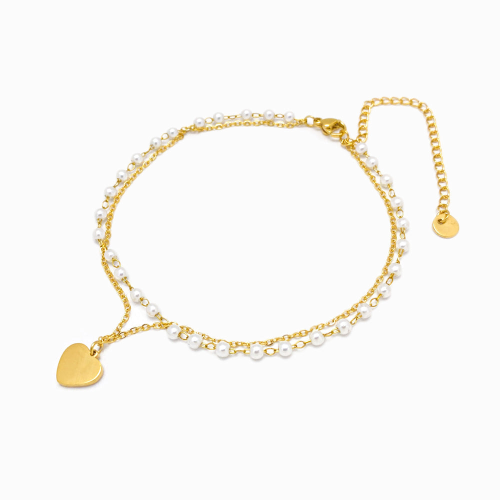 Pulseira Dupla de Pé Coração - Aço Inoxidável com Pérola